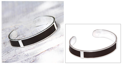 Leather cuff bracelet, 'Leather Minimalist' - Artisan Crafted Modern Sterling Silver Leather Cuff Bracelet