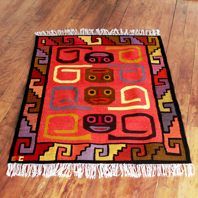 Wool rug, 'Ceremonial Masks' (4x5) - Handcrafted Geometric Wool Area Rug (4x5)