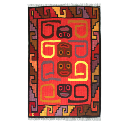 Wool rug, 'Ceremonial Masks' (4x5) - Handcrafted Geometric Wool Area Rug (4x5)