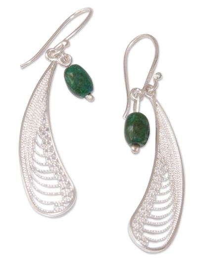 Chrysocolla dangle earrings, 'Filigree Enchantment' - Women's Modern Sterling Silver Dangle Chrysocolla Earrings