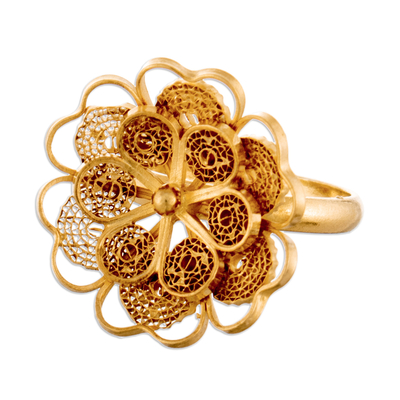 Gold plated filigree flower ring, 'Yellow Rose' - Collectible Gold Plated Filigree Cocktail Ring