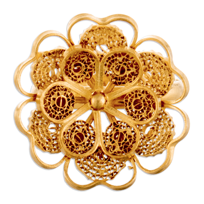 Anillo flor filigrana baño oro - Anillo de cóctel de filigrana chapado en oro de colección.