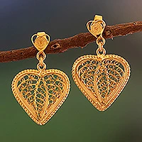 Gold plated filigree dangle earrings, 'Lace Sweetheart' - Artisan Crafted Heart Shaped Gold Filigree Earrings