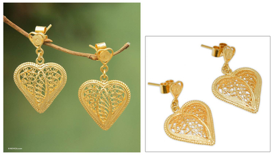 Gold plated filigree dangle earrings, Lace Sweetheart