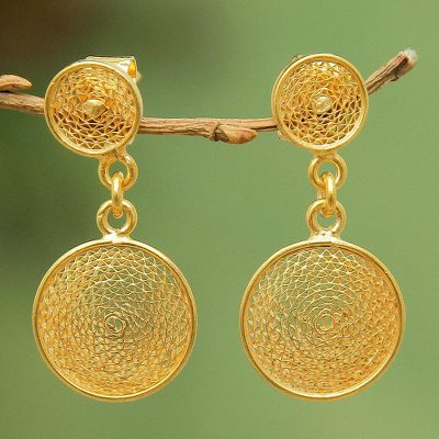 Gold plated filigree dangle earrings, 'Two Starlit Suns' - Artisan Crafted Gold Plated Filigree Earrings from Peru