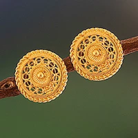 Gold plated filigree button earrings, 'Golden Illusion' - Fair Trade Gold Plated Filigree Earrings