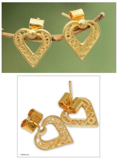 Gold plated filigree heart earrings, 'A Place in My Heart' - Gold plated filigree heart earrings