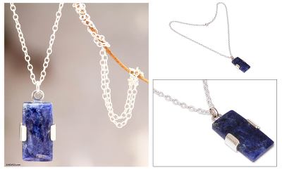 Sodalite pendant necklace, 'Hug' - Artisan Crafted Sterling and Sodalite Pendant Necklace
