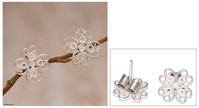 Sterling silver flower earrings, 'Andean Blossom' - Hand Crafted Floral Sterling Silver Button Earrings