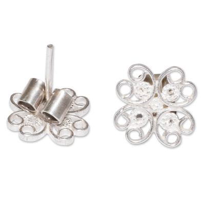 Sterling silver flower earrings, 'Andean Blossom' - Hand Crafted Floral Sterling Silver Button Earrings