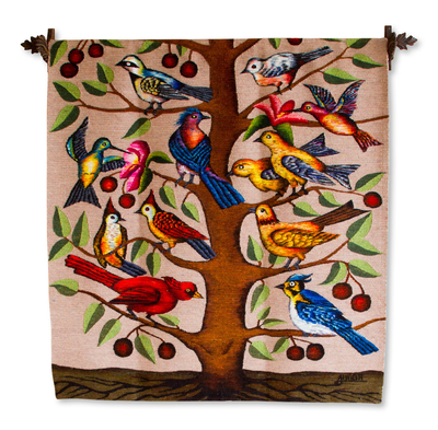 Wool tapestry, 'Birds in a Cherry Tree' - Wool tapestry