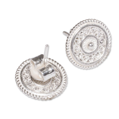 Elegant Silver Filigree Earrings Button Style