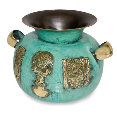 Copper and bronze vase, 'Inca Icons' - Archaeological Copper Bronze Decorative Vase