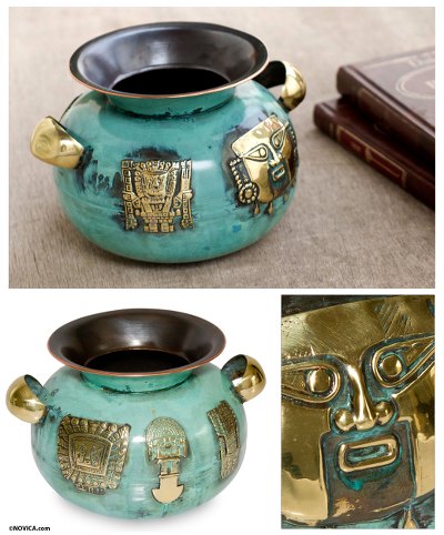 Copper and bronze vase, 'Inca Symbolism' - Decorative Copper and Bronze Vase from Peru