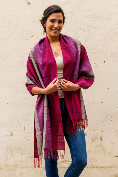 100% alpaca shawl, 'Rose of Tarma' - Handcrafted Geometric Alpaca Wool Shawl