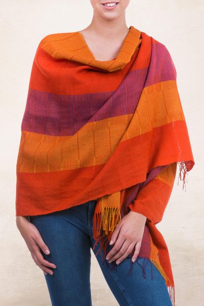 100% alpaca shawl, 'Tarma Marigold' - Handwoven Peruvian Alpaca Wool Striped Shawl