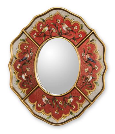 Reverse painted glass mirror, 'Song of Spring' - Unique Reverse Painted Glass Wall Mirror