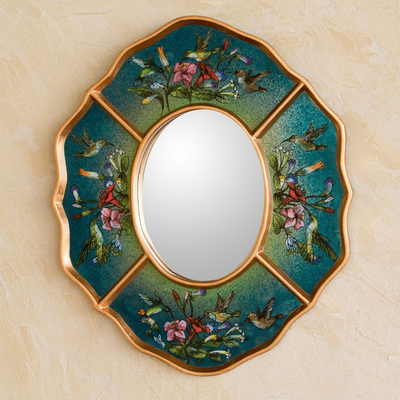 Espejo de vidrio pintado al revés, 'Colibríes turquesas' - Espejo de pájaro de vidrio de madera peruano único