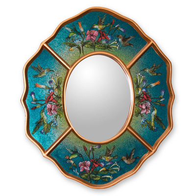 Reverse painted glass mirror, 'Turquoise Hummingbirds' - Unique Peruvian Wood Glass Bird Mirror