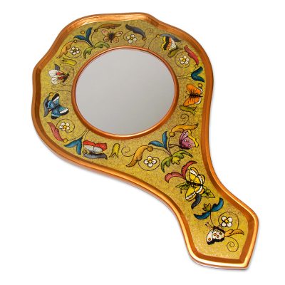 Reverse painted glass hand mirror, 'Lemon Butterflies' - Reverse painted glass hand mirror