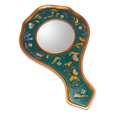 Reverse painted glass hand mirror, 'Turquoise Blue Butterflies' - Reverse painted glass hand mirror