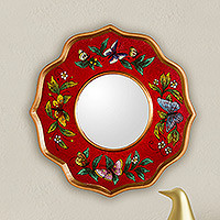 Reverse painted glass mirror, 'Ruby Butterfly Sky' - Red Reverse Painted Glass Petite Circular Wall Mirror