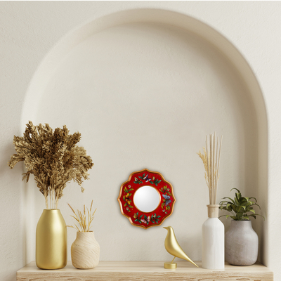 Espejo de cristal pintado al revés - Espejo de pared pequeño circular de cristal pintado al revés rojo