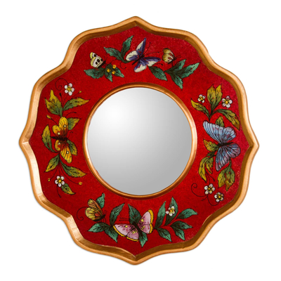 Reverse painted glass mirror, 'Ruby Butterfly Sky' - Red Reverse Painted Glass Petite Circular Wall Mirror