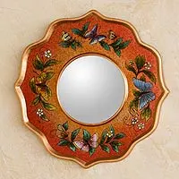 Reverse painted glass mirror, 'Carnelian Butterfly Sky' - Handcrafted Reverse-Painted Glass Wall Mirror from Peru