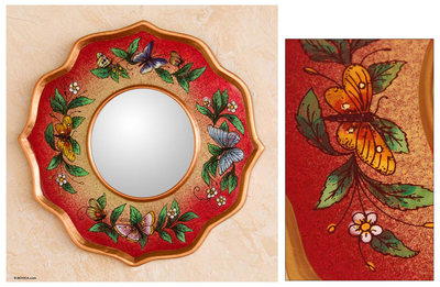 Reverse painted glass mirror, 'Strawberry Butterfly Sky' - Reverse painted glass mirror