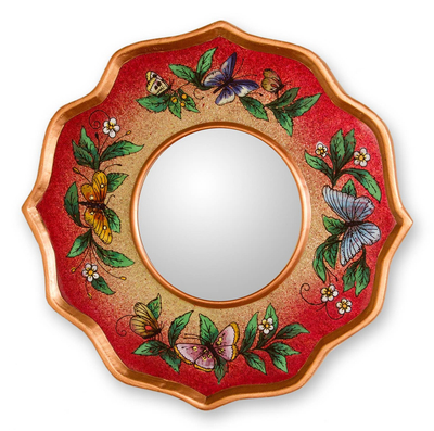 Reverse painted glass mirror, 'Strawberry Butterfly Sky' - Reverse painted glass mirror