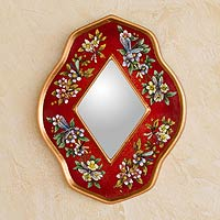 Reverse painted glass mirror, 'Red Summer Garden' - Handcrafted Reverse Painted Glass Mirror