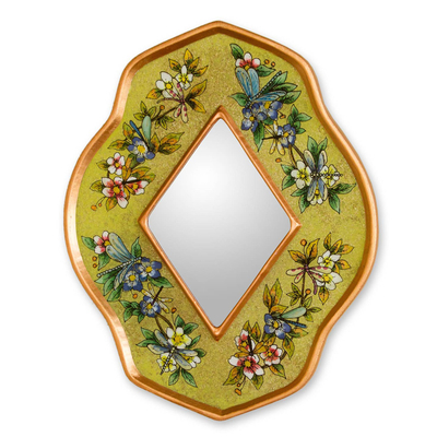 Reverse painted glass mirror, 'Yellow Summer Garden' - Andean Handcrafted Reverse Painted Glass Wall Mirror