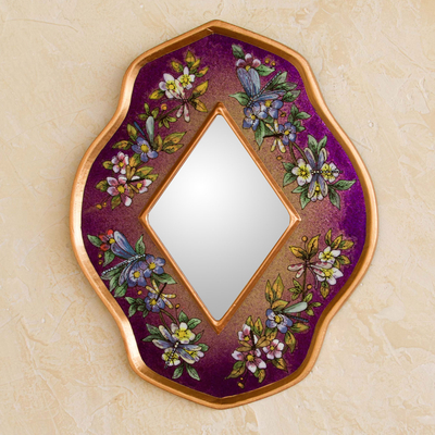 Reverse painted glass mirror, 'Purple Summer Garden' - Handcrafted Peruvian Floral Glass Mirror in Purple