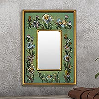 Espejo de vidrio pintado al revés, 'Emerald Fields' - Espejo verde vibrante de vidrio de colección