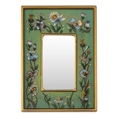 Reverse painted glass mirror, 'Emerald Fields' - Collectible Glass Vibrant Green Mirror