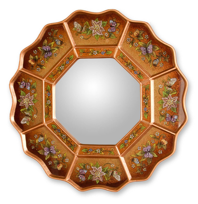 Reverse painted glass mirror, 'Ginger Blossom Fiesta' - Reverse painted glass mirror