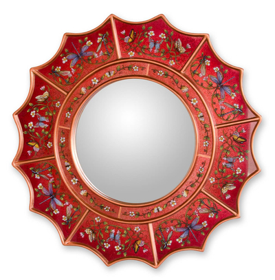Reverse painted glass mirror, 'Red Summer Radiance' - Reverse painted glass mirror