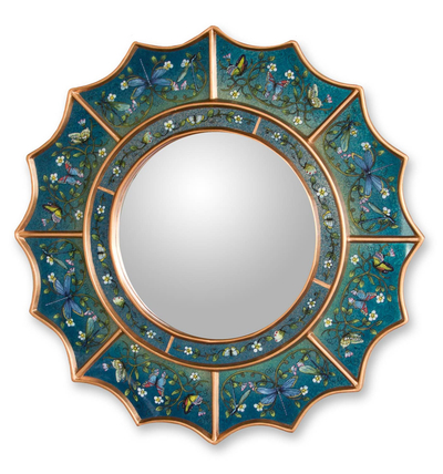 Reverse painted glass mirror, 'Blue Summer Radiance' - Reverse Painted Glass Round Wall Mirror from Peru