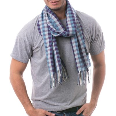 Men's 100% alpaca scarf, 'Andean Dawn' - Handwoven Blue and White 100% Alpaca Scarf with Purple