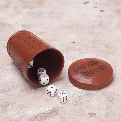 Leather dice cup and dice set, 'Nazca Spider' - Nazca Embossed Leather Dice Cup Set