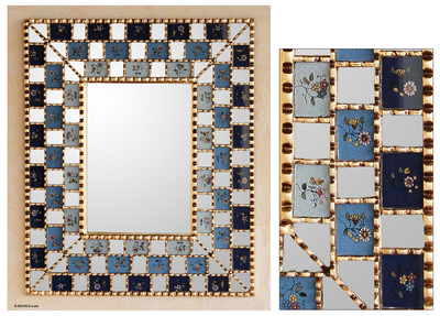 Reverse painted glass mirror, 'Flourishing Blue Infinite' - Reverse painted glass mirror