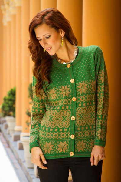 100% alpaca cardigan, 'Nutmeg Flowers' - Alpaca Wool Knit Cardigan