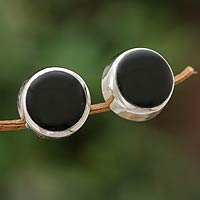 Obsidian stud earrings, 'Sweet Spot' - Handcrafted Modern Sterling Silver Stud Obsidian Earrings