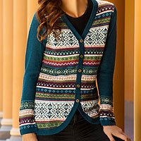 100% alpaca cardigan, 'Winter Fiesta' - Peru Teal and Plum Jacquard Knit 100% Alpaca Cardigan