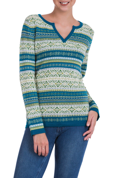 100% alpaca sweater, 'Snowflake Meadow' - Green and Blue on White 100% Alpaca V-Neck Sweater