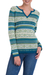 100% alpaca sweater, 'Snowflake Meadow' - Green and Blue on White 100% Alpaca V-Neck Sweater thumbail