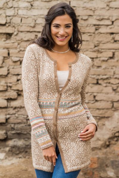 100% alpaca cardigan, 'Earth Garden' - Brown Floral Jacquar 100% Long Alpaca Cardigan Sweater
