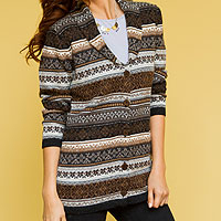 Peru Brown Jacquard Knit 100% Alpaca Cardigan Sweater,'Sepia Forest'