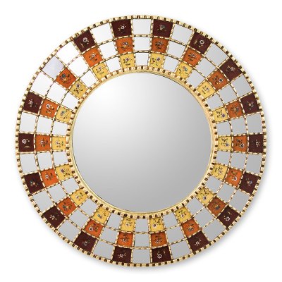 Reverse painted glass mirror, 'Blossom Halo' - Reverse painted glass mirror